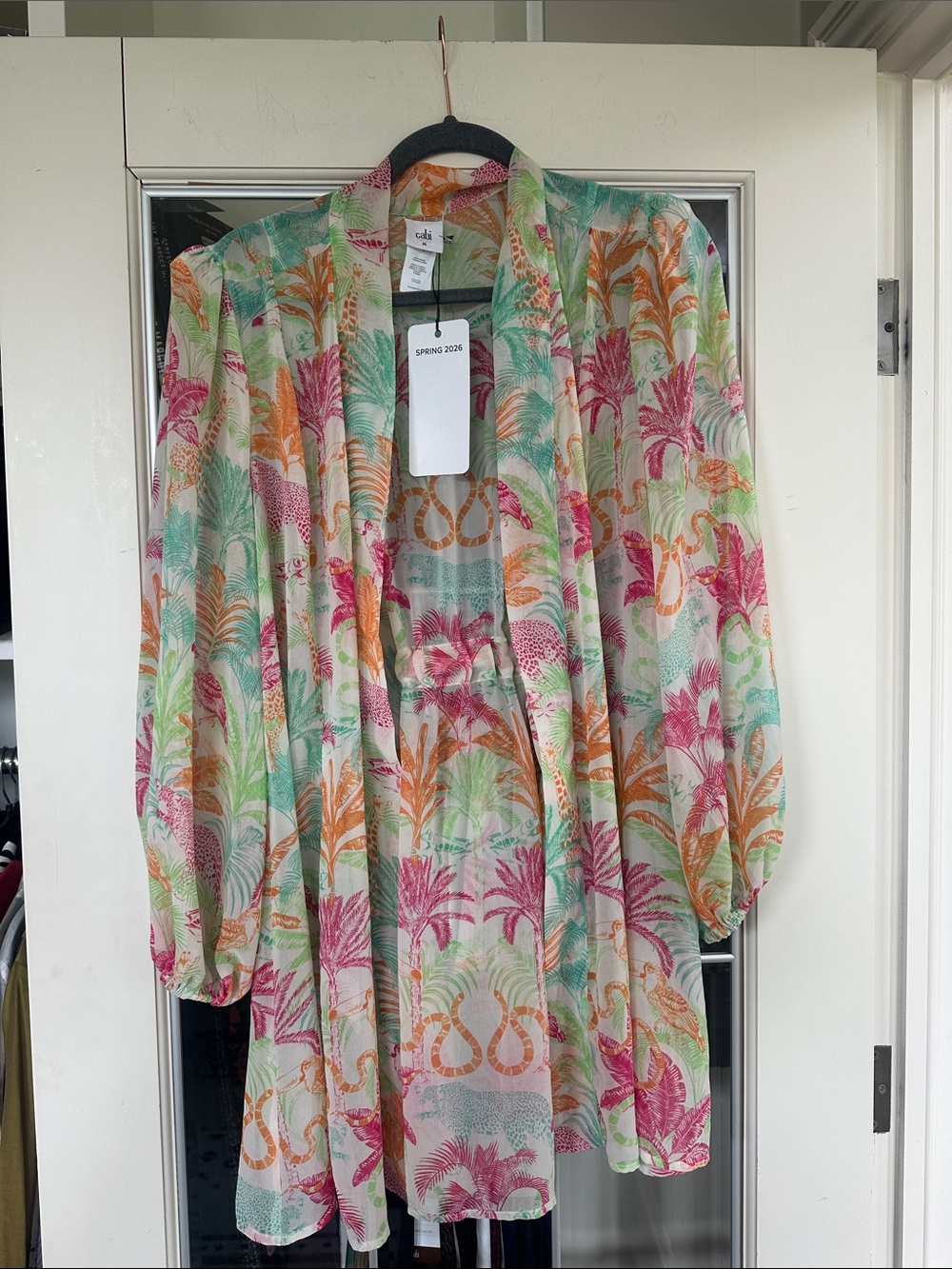 CAbi Multicolor Tropical Print Tunic — Pink, Orange, Green, Teal